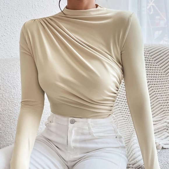 . Tops - Minimalist Ruched Solid Bodysuit beige